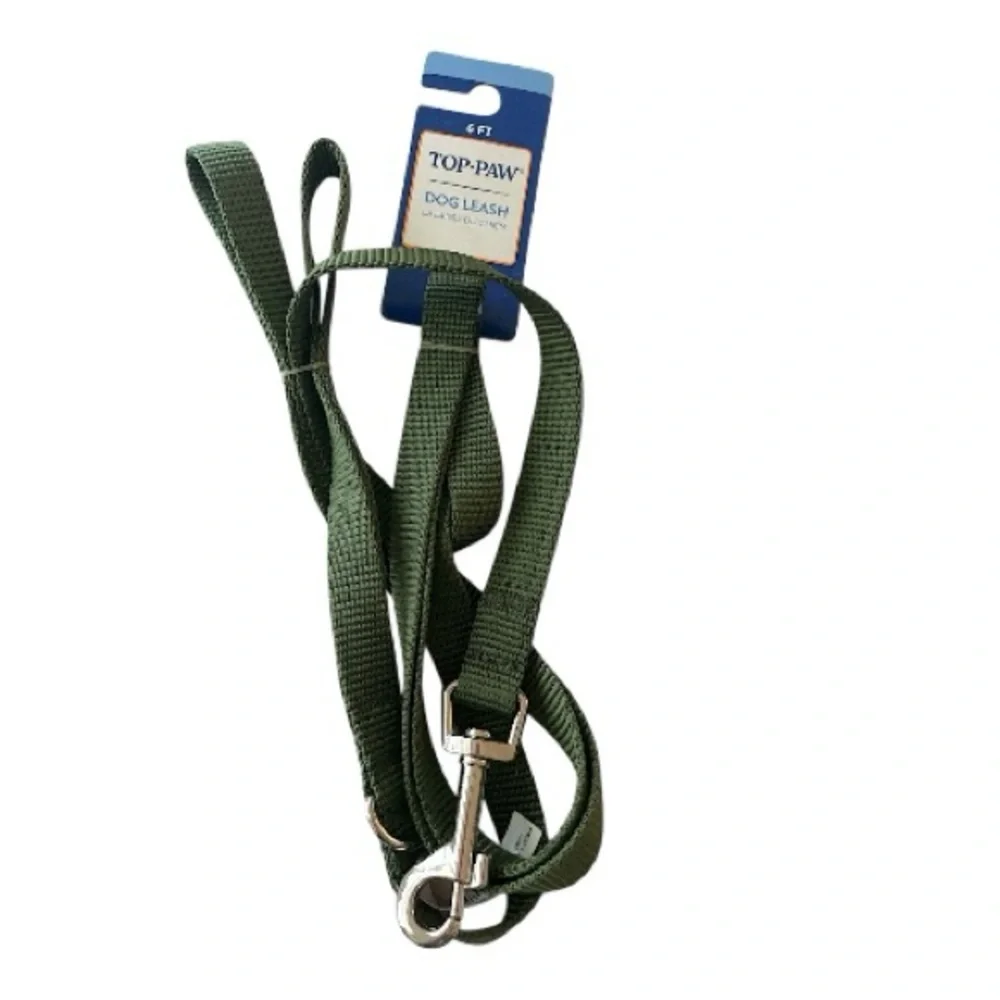 Top Paw 6 ft Long Olive Green Core Leash D Ring Silver Hardware Standard Leash